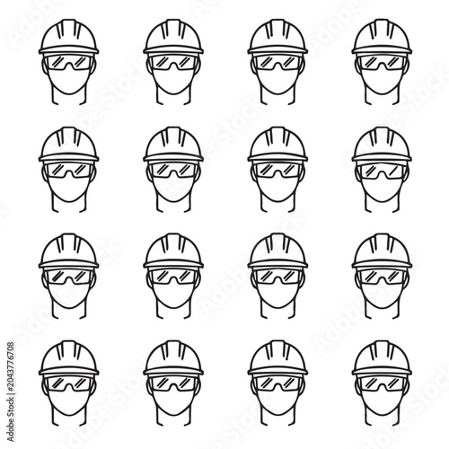 Construction worker hard hat and safety glasses pattern with clean lines on white background