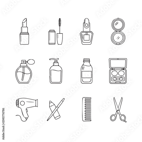 Cosmetic icons and beauty products arranged in a grid with clean lines for design