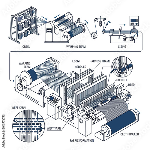 Tableau sur toile Textile Manufacturing: Weaving Process Diagram - Creel, Warping, Loom, Fabric Fo