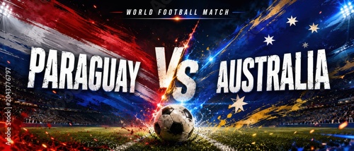 Paraguay vs Australia soccer match graphic with vibrant colors and ball