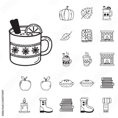 Cozy autumn elements like spiced cider pumpkins and warm blankets for seasonal comfort designs