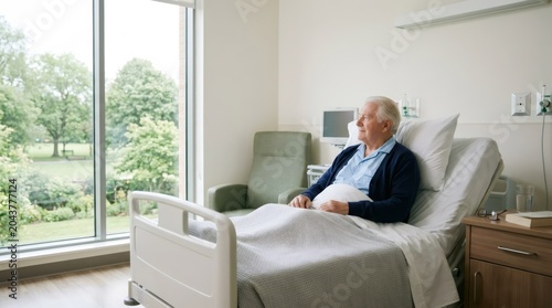 Senior man sitting in hospital bed looking out window. Elderly patient resting in medical room. Concept of nursing home care, recovery, solitude and healthcare support for senior citizen.