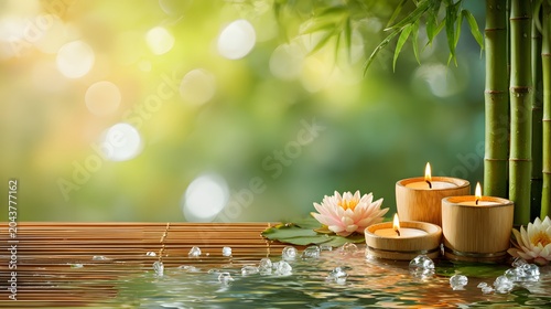 Zen spa wellness background with natural green bamboo and flickering candles. Relaxing water lily flower template for luxury massage therapy banners.