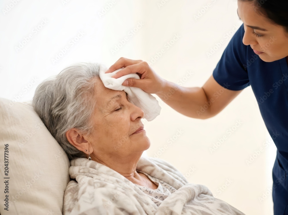 Fototapeta premium Caregiver wipes forehead of senior woman with cloth. Nurse attending to elderly patient lying in bed. Support, comfort, medical assistance and healthcare service in home or hospice care.