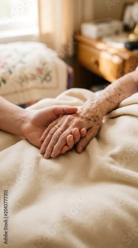 Young woman holding hand of elderly woman in hospital bed. Supporting senior patient during illness or recovery. Concept of empathy, compassion, care, love, family support and healing.