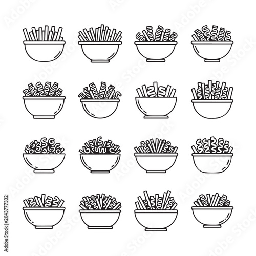 Crispy Potato Sticks in Ceramic Bowls Collection Minimalist Line Drawing Food Icon Set