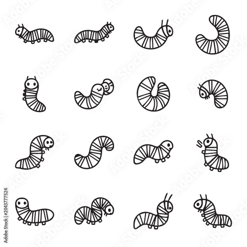 Cute cartoon caterpillars in various playful poses on a clean white background