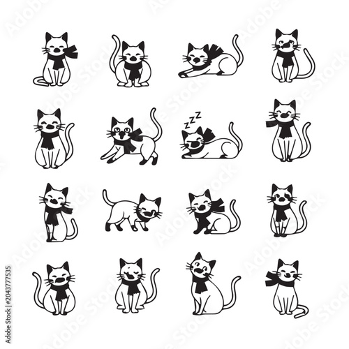 Cute cat illustrations with scarves in various playful poses on a white background