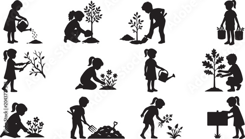 Tableau sur toile Children planting and watering trees and flowers, gardening silhouettes collecti
