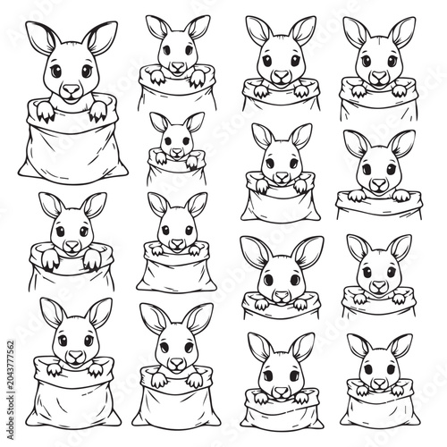 Cute kangaroo faces peeking out from sacks in a clean line drawing style