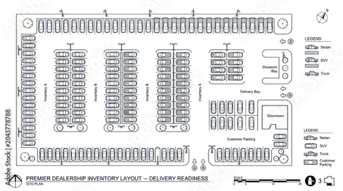 Automotive Dealership Layout Blueprint: Inventory, Delivery, Customer Parking