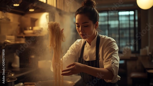 Young chef reviewing recipe in modern kitchen with warm lighting and professional tools