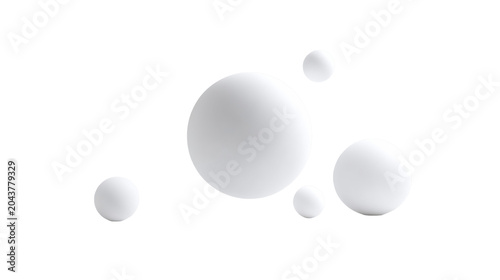 Minimal white abstract scene with floating spheres and tiny toy car in spacious studio