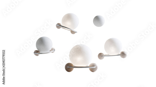 Minimal abstract 3D spheres on small wheeled platforms floating in clean studio space