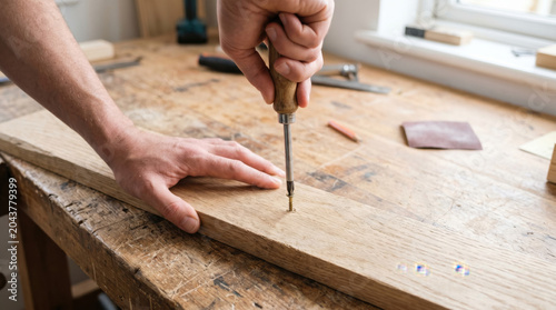 Close up of hands using screwdriver to unscrew metal bolt in workshop