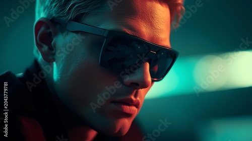 Young man wearing sunglasses in dramatic neon lighting with intense red and blue glow
