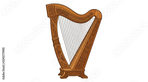 Tableau sur toile Ornate Wooden Harp Musical Instrument Isolated on White Background