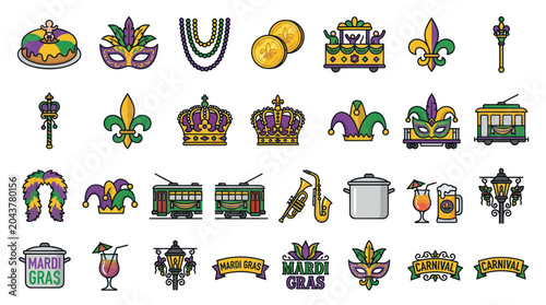 Canvas Print Mardi Gras Icons: King Cake, Masks, Beads, Floats, Crowns, Trams, Saxophone, Dri