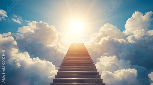 Sunrise pathway leading to bright horizon with fluffy clouds and golden light