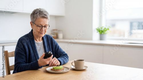 Senior woman checking blood glucose level with glucometer. Patient with diabetes monitoring sugar level at home kitchen before eating healthy breakfast. Healthcare and medical concept.