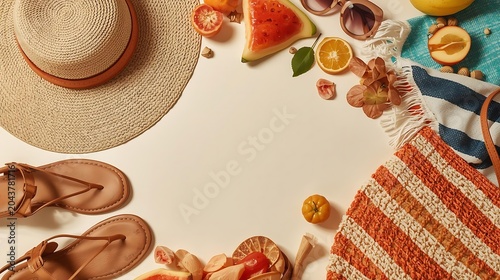 Summer vacation essentials flat lay on sandy beach with straw hat and flip flops
