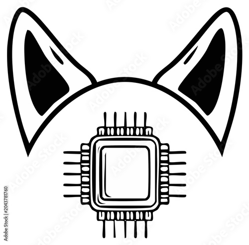 Abstract illustration of cat ears above a circuit board, black and white