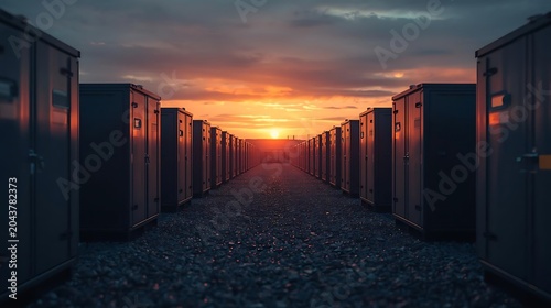 Row of Shipping Containers at Sunset with Dramatic Sky and Silhouette Perspective