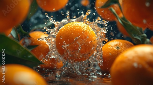 Fresh citrus orange with water droplets on dark green leaves close-up natural background