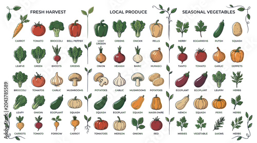 Quadro su tela Fresh Harvest: Assorted Seasonal Vegetables Collection - Hand-Drawn Style