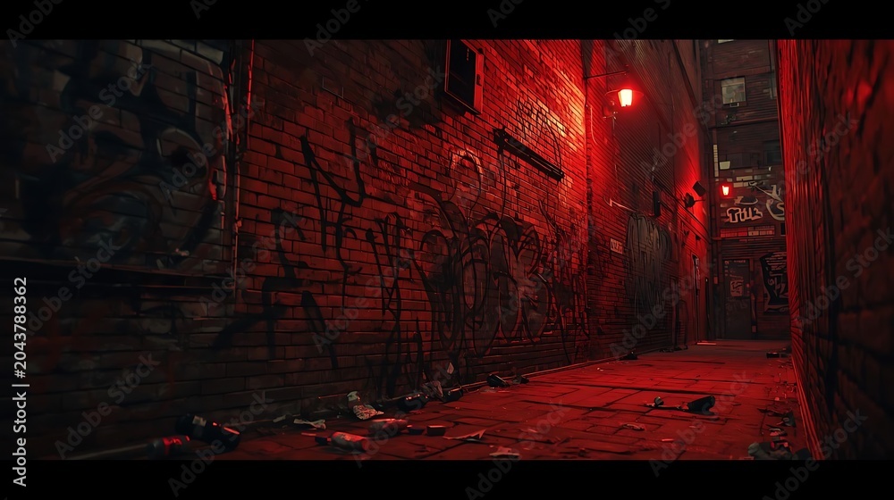© Nia - Mysterious abandoned corridor with red emergency lighting and overgrown roots in dark interior