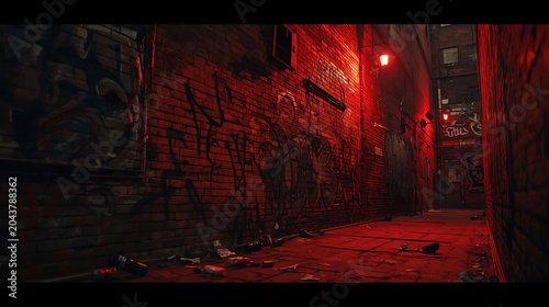 Mysterious abandoned corridor with red emergency lighting and overgrown roots in dark interior