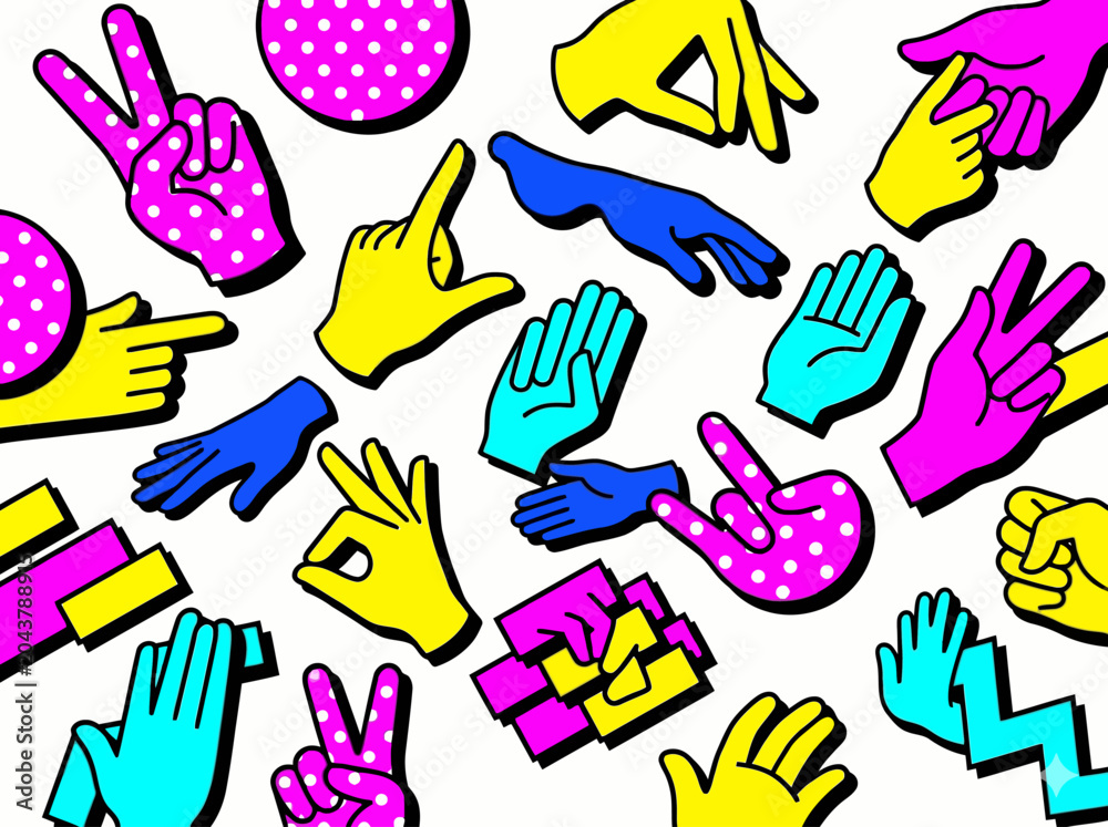Fototapeta premium Vibrant And Playful Collection Of Hand Gestures And Symbols In A Memphis Design Style