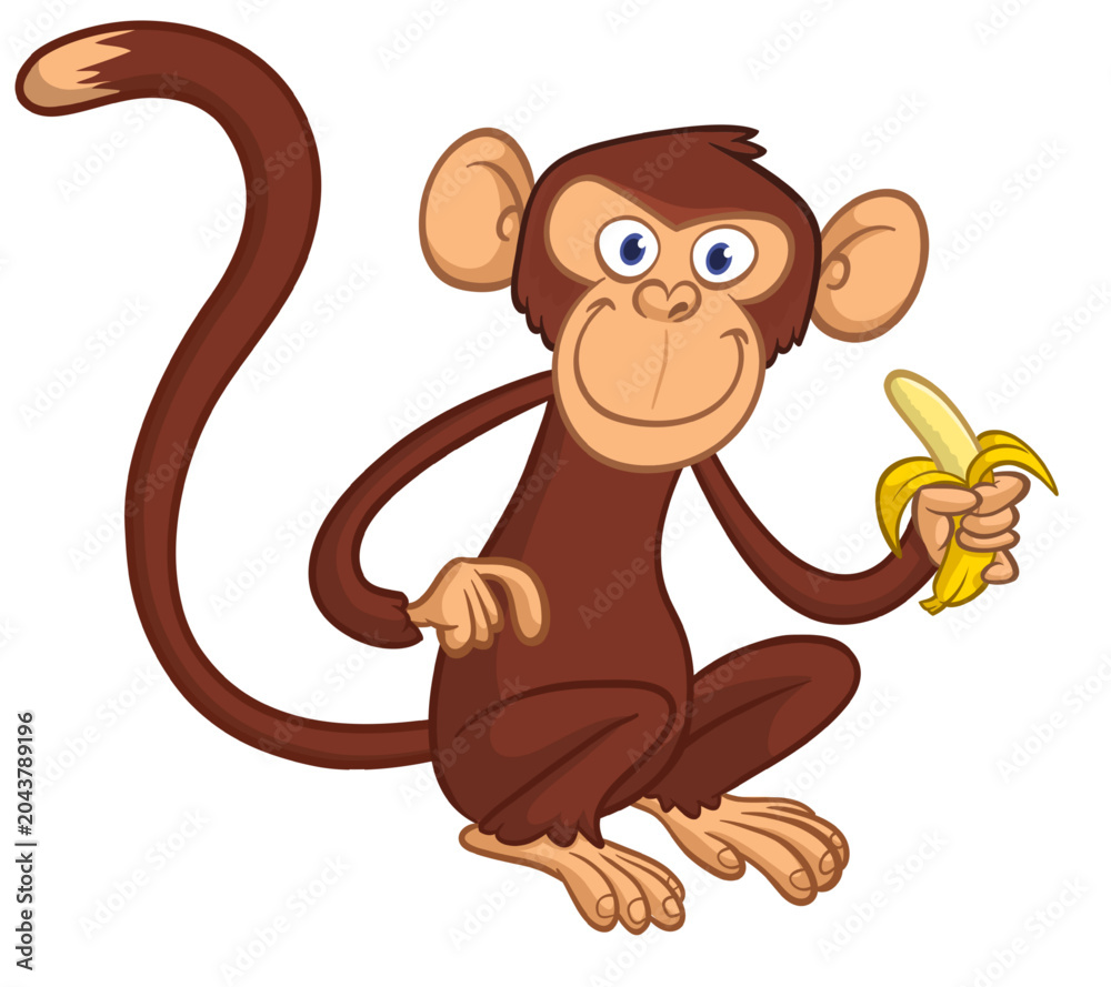 Obraz premium Cartoon funny monkey chimpanzee eating banana. Vector illustration isolated on white