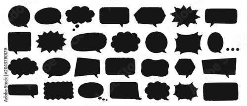 Grunge doodle comic speech balloons set with rough charcoal texture, hand drawn message bubbles and playful dialogue text frames vector