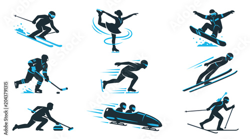 Photography Winter Sports Icons: Skiing, Snowboarding, Skating, Bobsled, Curling, Hockey
