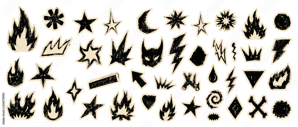 Fototapeta premium Grunge craft fire and star paper cutout icons, doodle flame shapes with ink texture, punk scrapbook collage elements isolated vector set