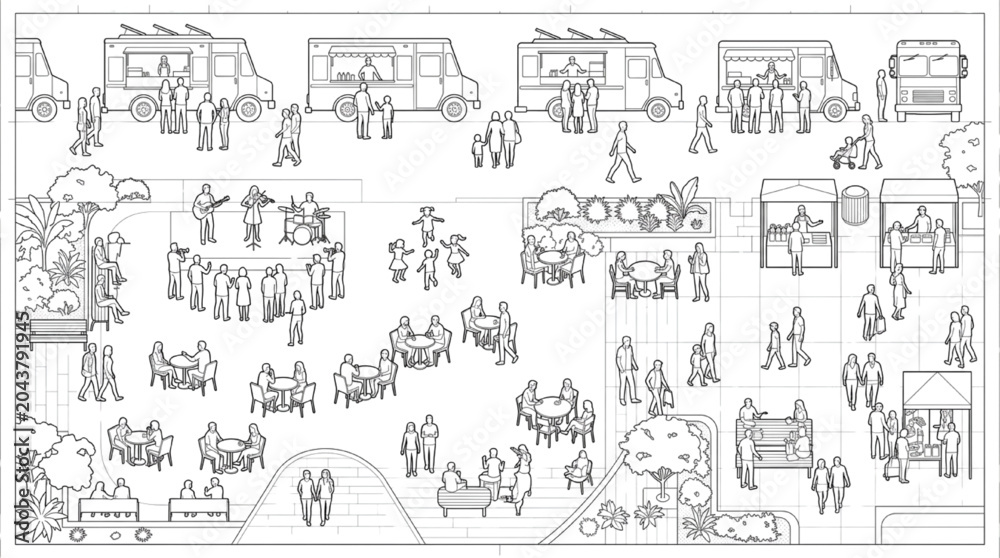 Obraz premium Vector line art collection of food truck festival master plan entourage elements with outdoor market music concert and park