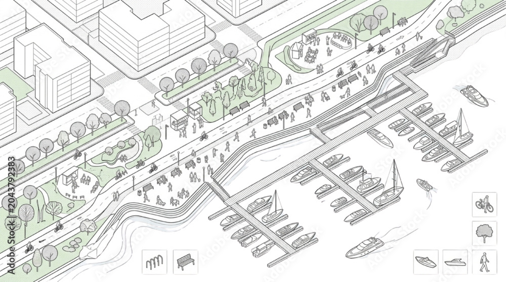 Obraz premium Vector line art collection of isometric waterfront promenade master plan entourage elements with boat marina and park