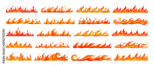 Foto Fiery flame strips and hot blaze borders with textured orange sparks, hand drawn