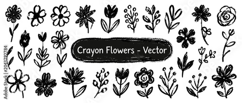 Cuadro en lienzo Black abstract flower doodle set in crayon charcoal sketch style, naive childish