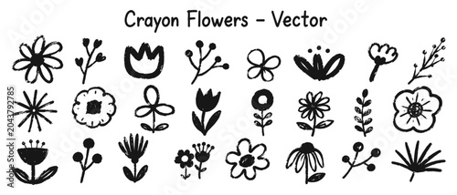 Foto Black naive flower doodle set with crayon charcoal scribble lines, primitive han