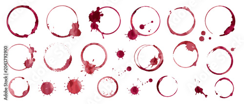 Photos Red wine stain rings and splash marks collection, circular glass imprints and be