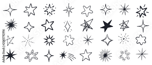 Obraz na płótnie Abstract sketchy star shapes set with quirky outline doodles, trendy hand drawn