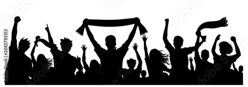 Fotografie Happy cheering people crowd silhouette, black soccer fans and concert audience g