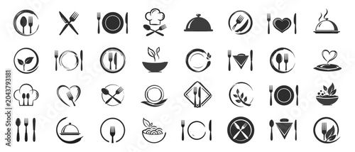 Photography Restaurant menu cutlery logo set with fork, knife and plate icons, food symbol c