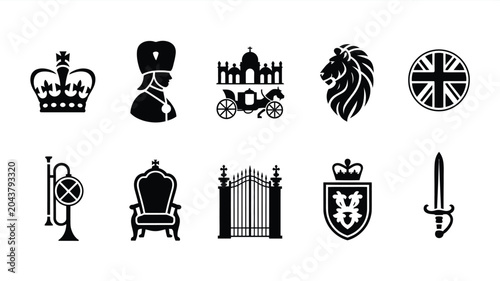 Фотография Set of black icons representing british royal family monarchy symbols and regal elements
