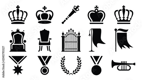 Obraz na płótnie Set of imperial icons featuring royal crowns ceremonial maces thrones and heraldic banners
