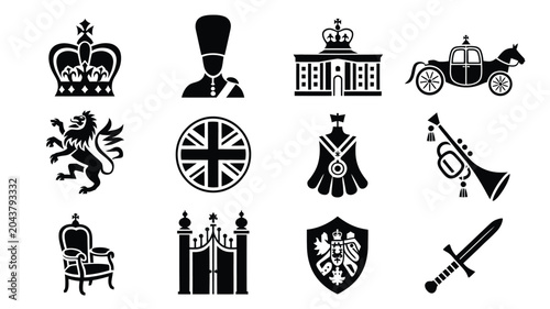 Foto Vector icon collection showing royal symbols including crowns guards and heraldic themes