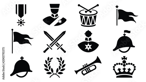 Fotografía Set of military insignia icons including medals soldiers swords and ceremonial flags
