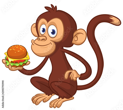 Photography Cartoon funny monkey chimpanzee holding tasty delicious burger in his hands